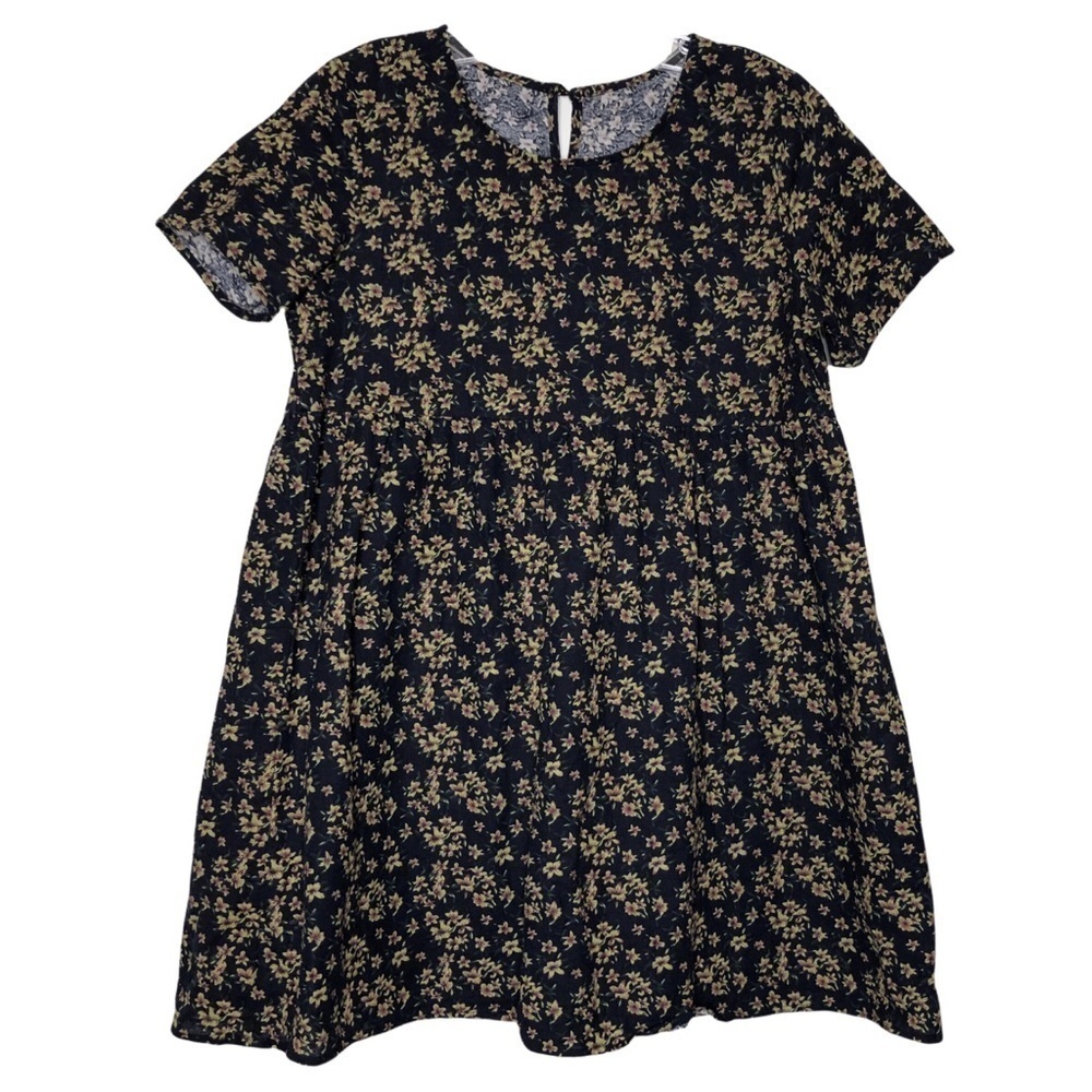 EMERY Rose - Empire Waist Babydoll Top Navy Blue, Tan & Pink Floral - Size Small